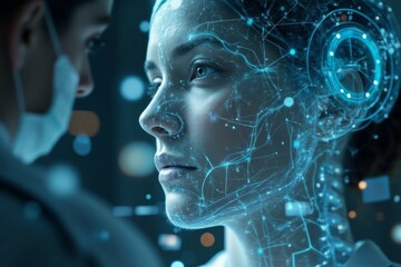 Woman Viewed Through Futuristic Digital Overlay Technology