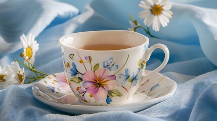 Fototapeta premium A fine china teacup with a delicate floral design, placed on a white saucer