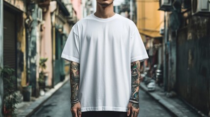 Fototapeta premium Stylish Blank White T-Shirt on a Tattooed Man in Urban Setting