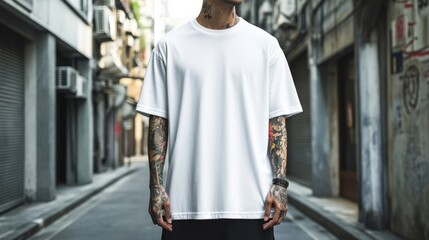 Fototapeta premium Stylish Blank White T-Shirt on a Tattooed Man in Urban Setting