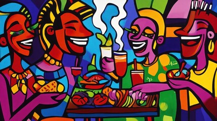 Vibrant Celebration: A Colorful Gathering of Friends Enjoying Food and Drinks