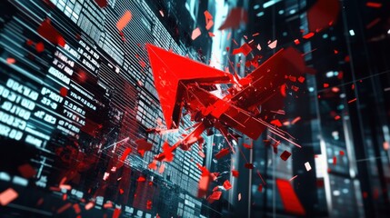A giant red arrow crashing through a glass stock market ticker,