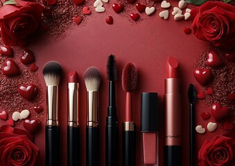 Collection of makeup brushes and lipsticks.

