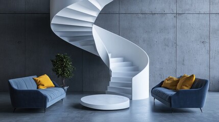 Modern interior with white spiral staircase, blue sofas, and yellow pillows.