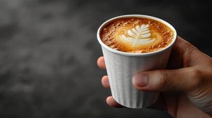 Hand holding a disposable cup of latte with latte art.