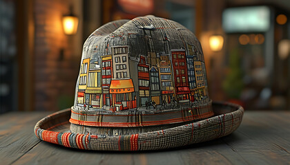Stylish newsboy cap made of tweed fabric featuring colorful cityscape design. Perfect for adding unique touch to any outfit