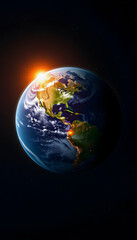 Fototapeta premium Image of planet earth with change from day to night and illuminated city lights, with white tones