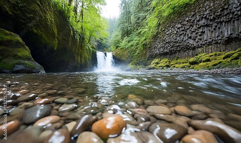 Poster serene waterfall cascading into a clear river with smooth rocks.