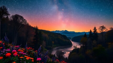 Spring Forest Mountain River in Nebula Starry Night