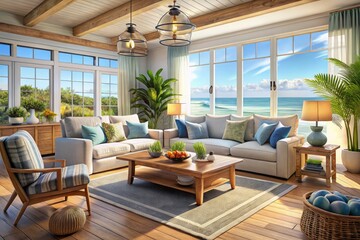 Fototapeta premium Relaxing coastal living room: 3D render of a cozy beach house interior, showcasing seaside style.