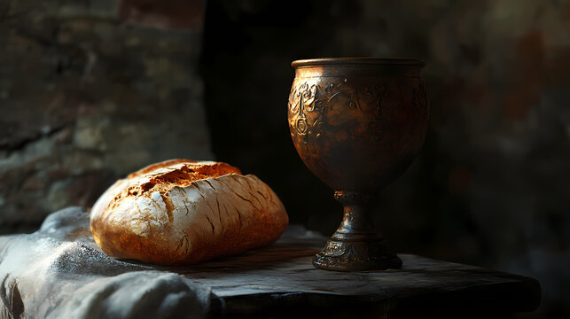 Clay chalice and loaf of bread, a clay chalice and unleavened bread on an old wooden table. Chalice. Illustration