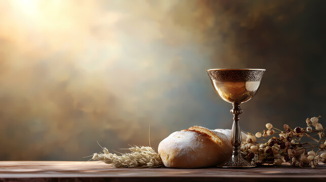 Communion chalice and bread on an altar, no people, serene background, ample space for text. Chalice. Illustration