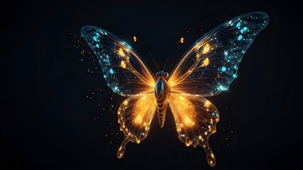 Luminous Butterfly: A magical, surreal butterfly with glowing wings rests on a dark, glistening surface, surrounded by sparkling light. Generative AI