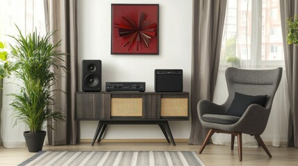 Modern living room with stereo system, armchair, and plant.