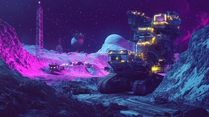 Lunar Mining Operation: Neon Nights on the Moon