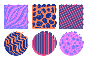 Obraz premium Pop style elements set. Violet wavy patterns and ornaments. Texture and wallpaper. Memphis style art objects. Round stickers. Flat vector collection
