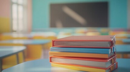 A high stack of papers sits on a desk in a classroom, in front of a green chalkboard.