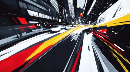 Abstract city street scene with motion blur and vibrant colors.