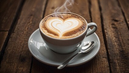 Fototapeta premium Cup of Coffee with Heart Foam Art on Rustic Table