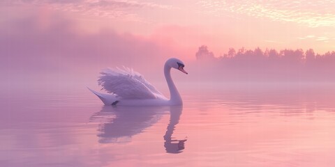 Fototapeta premium Elegant swan gliding on a misty lake