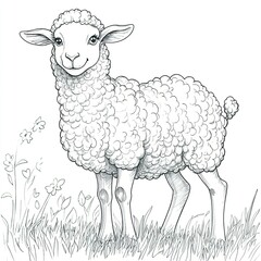 Adorable Young Sheep Stands in Green Grass