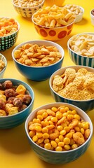 Fototapeta premium Colorful assortment of snacks in bowls