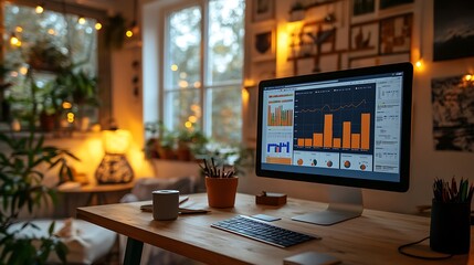 A cozy coworking studio with a minimalist wooden desk featuring colorful data charts and printed analytics, warm natural light streaming through nearby windows,