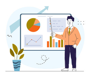 Man with business presentation. Businessman with graphs and diagrams Statistics and infographics, data visualization. Business planning and strategy. Linear vector illustration
