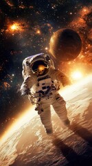 Discoveries await as an astronaut explores outer space.