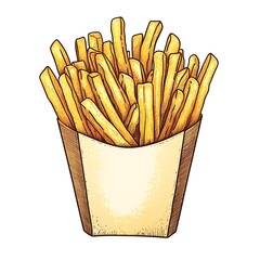 Delicious Golden French Fries in a Paper Carton - Hand-Drawn Illustration