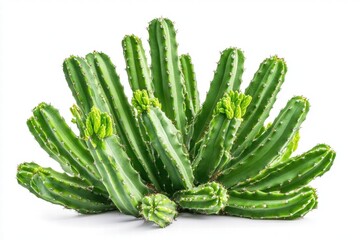 Green Cactus Plant with Buds Isolated on White Background
