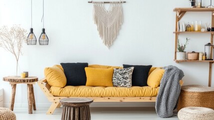 Mustard yellow sofa in a minimalist living room with wooden accents and bohemian decor.
