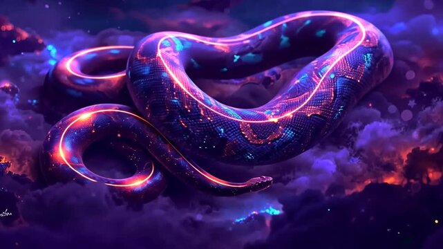 A large, luminous snake with swirling patterns of color is coiled amid a star-filled sky. The surrounding clouds reflect brilliant hues, creating a magical atmosphere