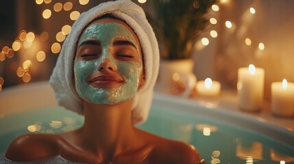 Serene Woman Enjoying Bubble Bath with Relaxing Face Mask Surrounded by Candlelight