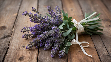 Lavender and Eucalyptus Bouquet with Silk Ribbon on Rustic Wooden Surface