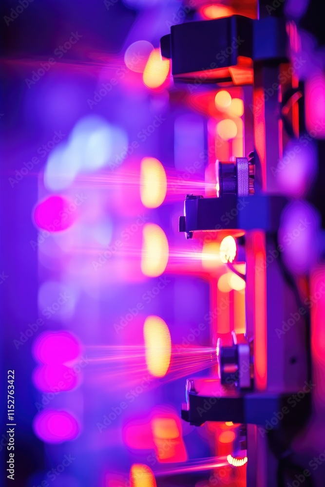 Poster a close-up of colorful lights and lasers creating a vibrant, dynamic atmosphere.