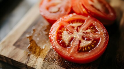 Close up sliced Tomato on wooden board