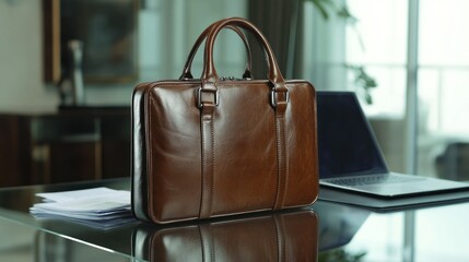 A close-up of a polished brown leather business briefcase with sturdy handles and subtle stitching placed on a modern glass desk beside a laptop and financial documents in a corporate office.