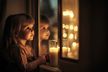 Girl looking through the window at new years eve fireworks.