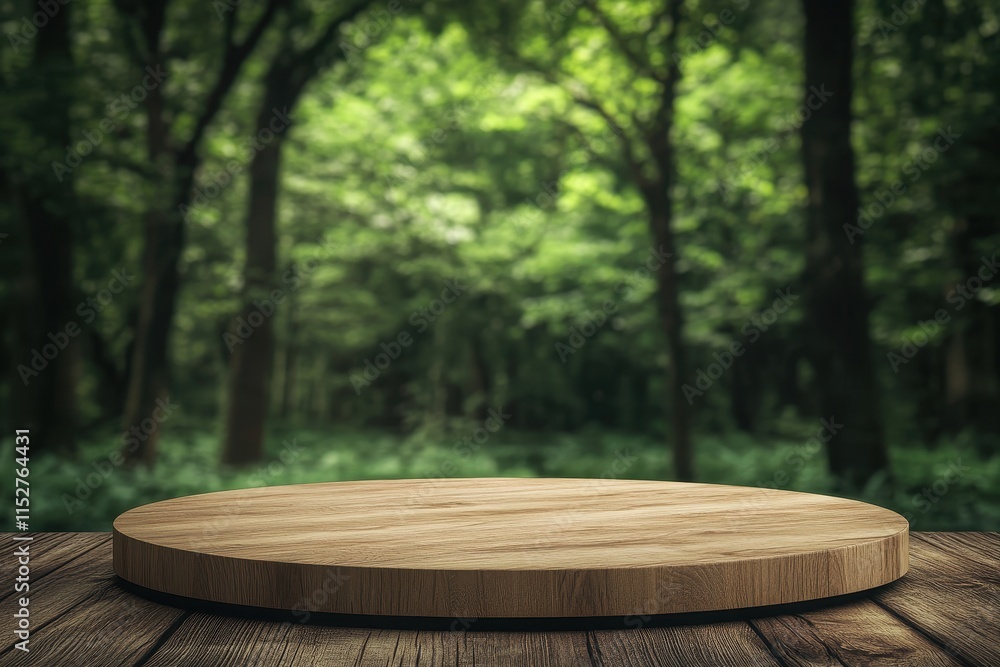 Poster empty round wooden display on rustic table with blurred forest background.