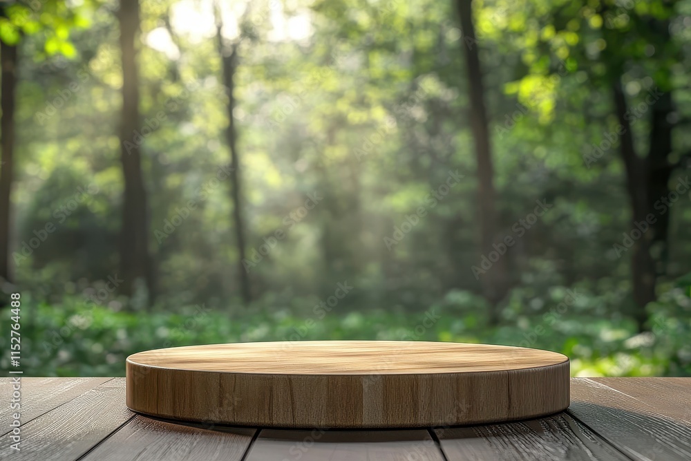 Poster wooden round platform on rustic table with blurred forest background.