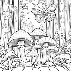 Obraz premium Enchanted Forest Mushrooms Butterfly Scene