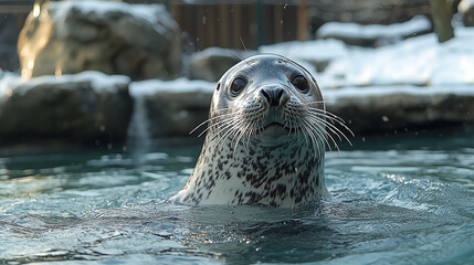 Close-up of a seal in calm blue water with a curious expression
