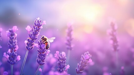 Fototapeta premium Honeybee collecting nectar on vibrant lavender flowers in a sunlit purple meadow