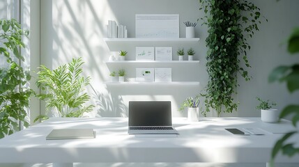 A minimalist coworking environment featuring white desks with laptops, data sheets, and printed graphs scattered across, natural light from oversized windows filling the space,