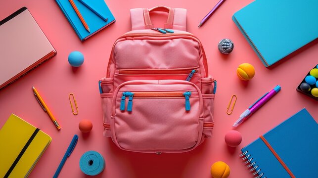 Pink backpack surrounded by school supplies and colorful balls on pink background.