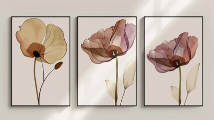 Set of three vertical posters featuring minimalist flower with delicate smoky Line Art, Each poster showcases the elegance of the simple floral design with artistic smoky lines, Minimalist flower patt