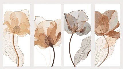 Set of three vertical posters featuring minimalist flower with delicate smoky Line Art, Each poster showcases the elegance of the simple floral design with artistic smoky lines, Minimalist flower patt