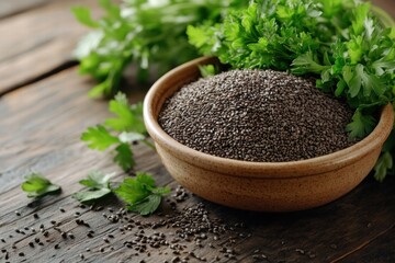 Chia Seeds in Bowl with Fresh Parsley