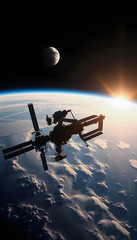 Naklejka premium space station orbiting around Earth with the Moon and the Sun rising above the planet's horizon, collage style, with white tones